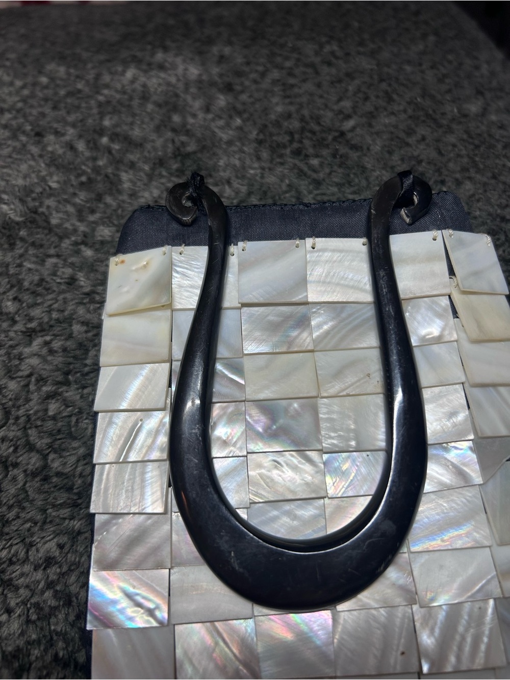 Iridescent Shell Tile Mini Handbag - White with Black handles - Picture 2 of 3
